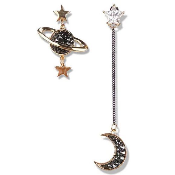 Jewelry - DESIGNER CELESTIAL GUNMETAL/GOLD CRYSTAL STAR/MOON/SATURN MISMATCH EARRINGS**NEW